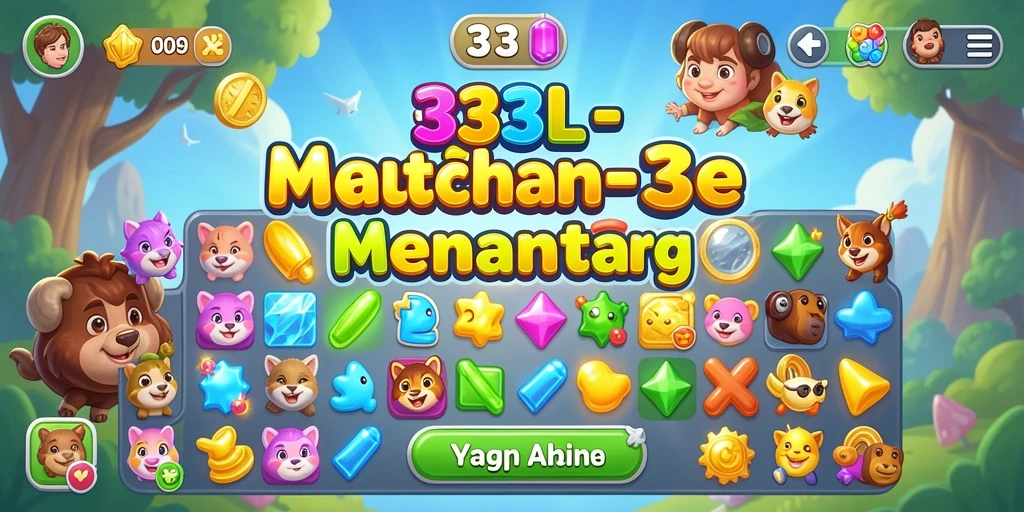 Screenshot gameplay 33L menampilkan level match-3 dengan kombinasi warna-warni.