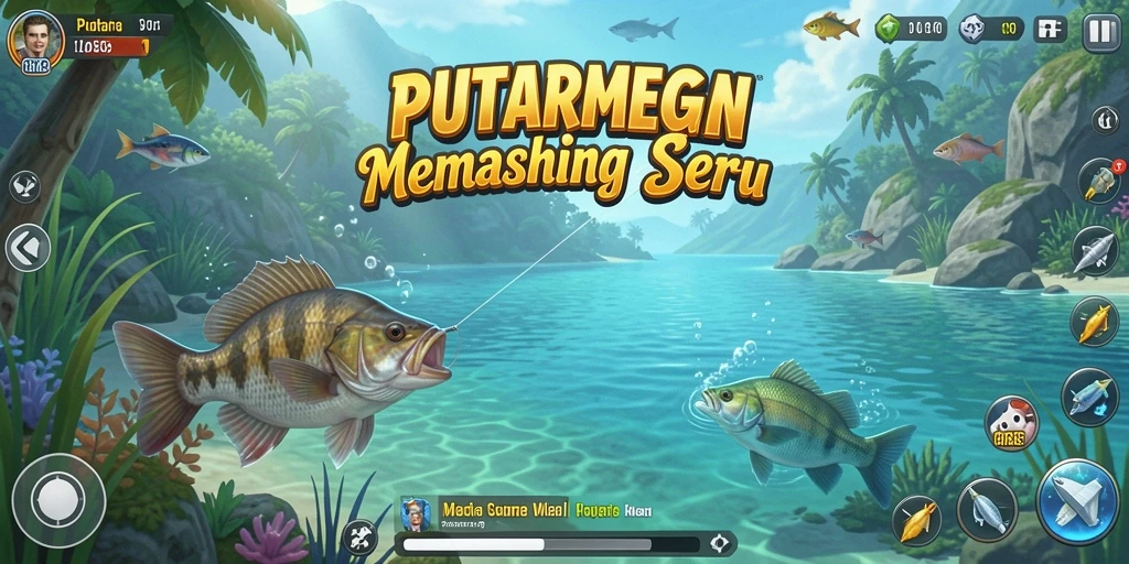 Screenshot gameplay PUTARMEGA yang menunjukkan aksi memancing yang mendebarkan.